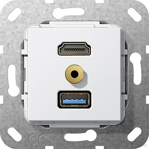 Gira 568003 HDMI,USB 3.0 A,M Klinke Gender Changer, Kabelpeitsche Einsatz Reinweiß