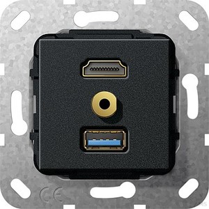 Gira 568010 HDMI,USB 3.0 A,M Klinke Gender Changer, Kabelpeitsche Einsatz Schwarz matt